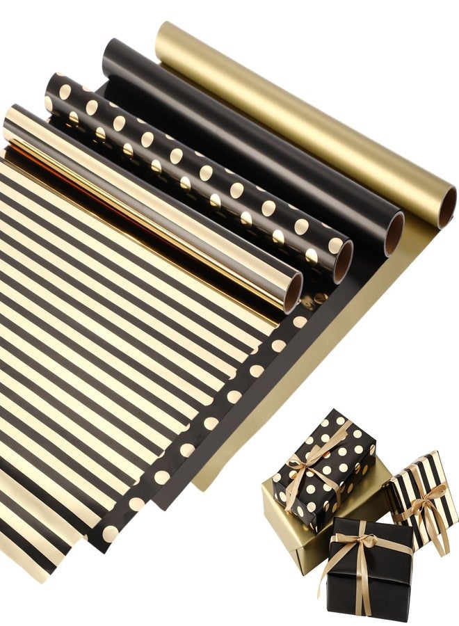 Supervitae 4 Rolls Black and Gold Wrapping Paper Roll 17 Inch x 10 ft Mini Roll Solid Color Striped Polka Dot Design Gift Wrap for Birthday Christmas Father's Day Men Husband Wedding Party - Image 1